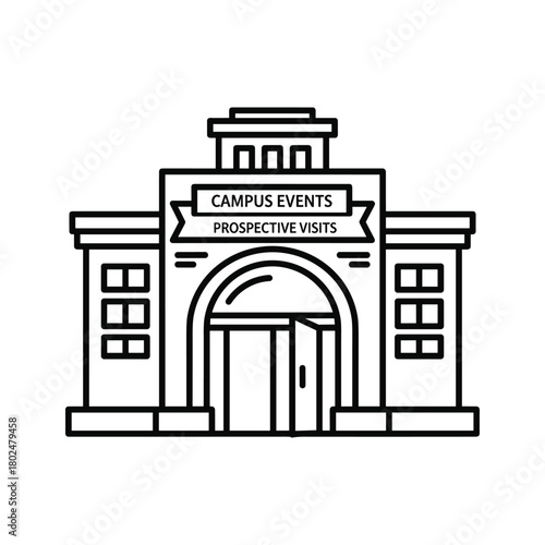 Outline icon of a university building for campus events and prospective visits, depicting higher education and student life