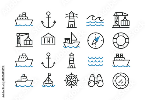 Nautical and Marine Line Icons with Color Highlights