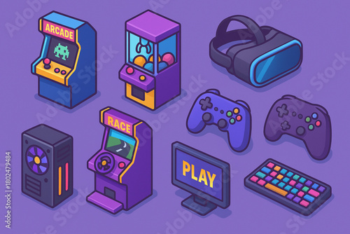 Colorful Gaming Zone Icons — Isometric Vector Set of Arcade Machines, VR Headsets, Controllers, and Gaming PCs