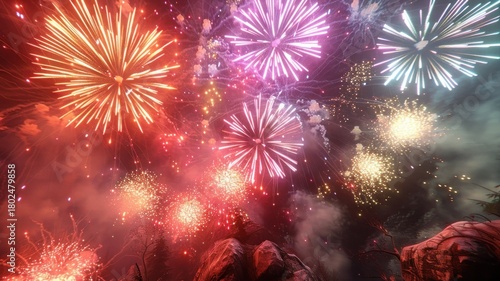 Colorful fireworks light up the night sky during a summer celebration in the park