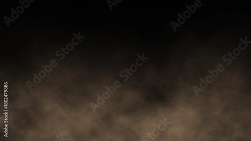 Brown sand dust on fast moving black screen background. Soil powder smoke effect. Sandstorm, mist vapor smog moving to right, sand soil overlay motion graphic. Seamless looping video 4K