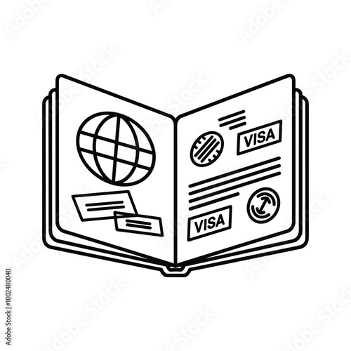 Open passport with global emblem and international visa stamps, symbolizing worldwide travel and official border entry.