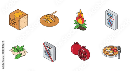 Isometric icons: honey, campfire, pomegranate, breakfast, recycling, leaves