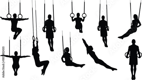 Gymnastic rings silhouette set with male and female athletes performing exercises vector illustration collection isolated on white background.