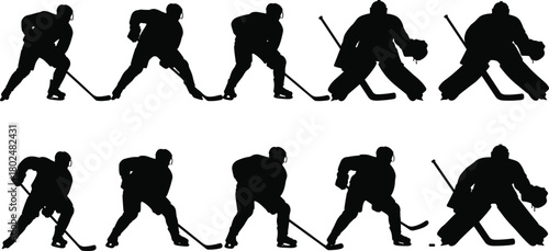 Ice hockey player silhouette collection set featuring goalkeeper and skater action poses vector illustration isolated on white background.