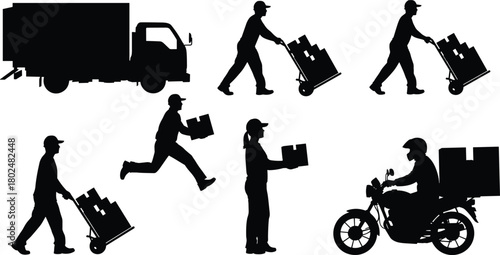 Delivery service silhouette collection with courier truck motorcycle and workers carrying boxes vector illustration isolated on white background.