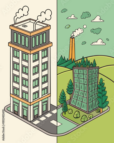 A city divided between polluted buildings and eco-friendly buildings with vertical gardens.