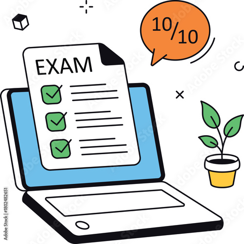Online exam on laptop complete checkmarks online course isometric flat vector illustration