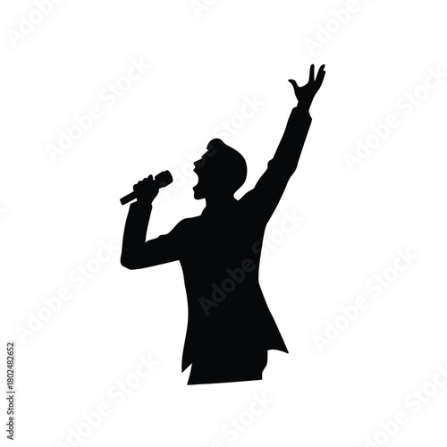 Dynamic Silhouette Illustration of Singer with Microphone and Raised Hand