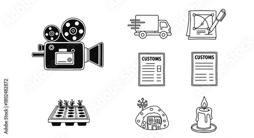 Linear film camera, transportation, customs, agriculture, home and candle icons set
