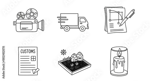 Set of linear icons: filmmaking, delivery, design, documentation, agriculture, candle