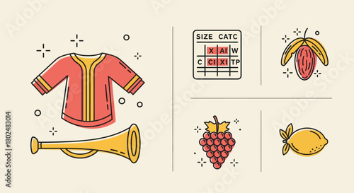 Flat design icons featuring traditional costume, musical instrument, crossword, fruit symbols