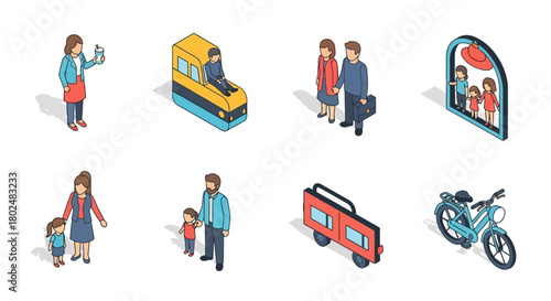 Isometric family scenes with children and transportation elements in urban setting