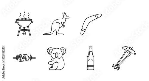 Australian icon set: bbq, kangaroo, boomerang, koala, beer, sausage
