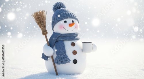 Cute snowman holding a broom and a mug isolated on white background
