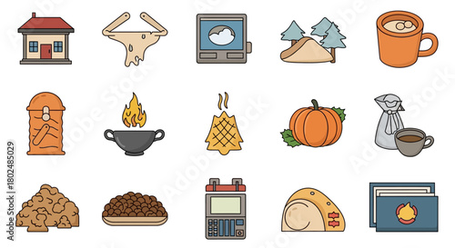 Cozy autumn icons collection featuring food, nature, and everyday objects in flat style