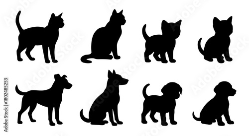 Cat and dog silhouettes set. Flat illustrations of pets.