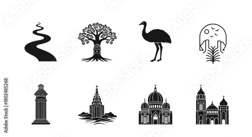 Silhouette icons of nature, wildlife, and monuments in black and white