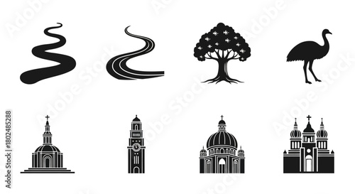 Black silhouette set featuring trees, roads, birds, and iconic buildings