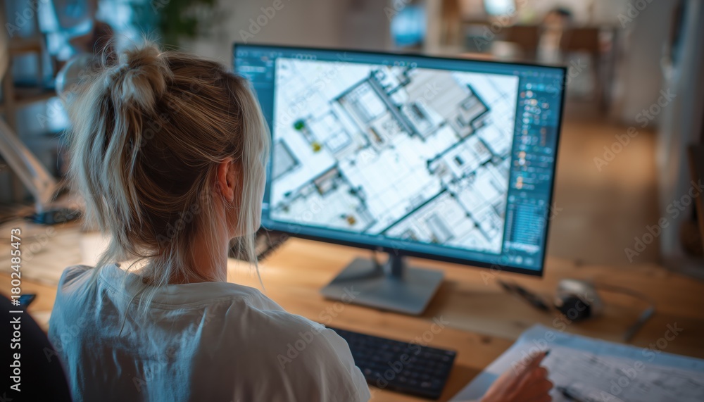 Obraz premium Woman Using Room Floor Planner Software To Zoom In On Project Draft And Create Interior Designs In 2d On A Computer Monitor Screen. Cad Blueprints And Floor Plan View.