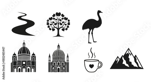 Silhouette icons of nature, architecture, and wildlife