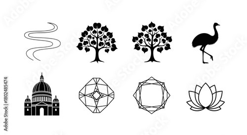 Minimalist black silhouettes: trees, buildings, bird, geometric shapes, and lotus