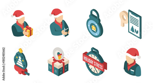 Isometric christmas icons: santa hats, gifts, holiday stress timer and more