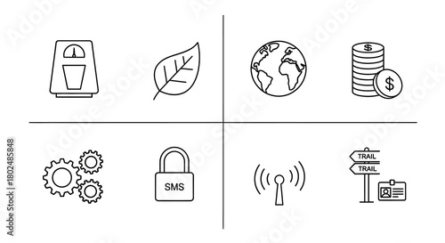 Minimal icon set with nature, finance, technology, and communication themes
