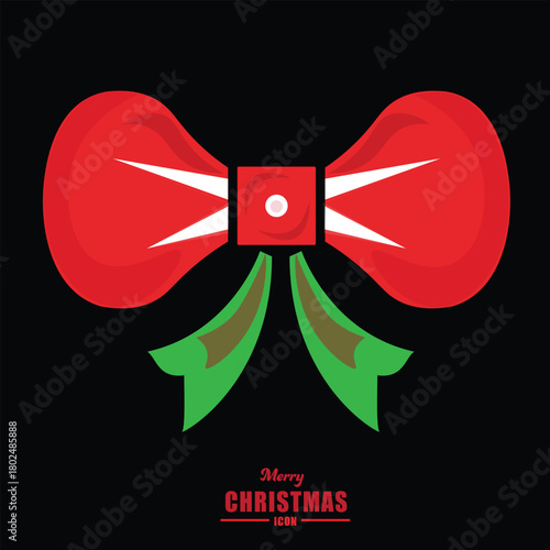 Red and green Christmas bow icon with festive accents on black background