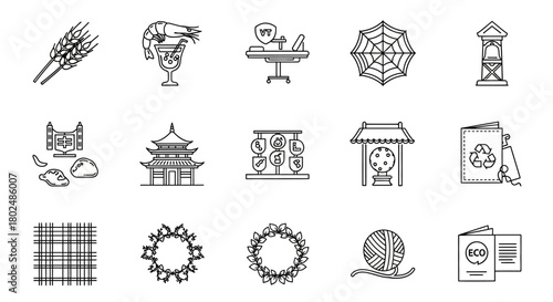 Minimalistic outline icons of food, buildings, nature, and sustainability themes