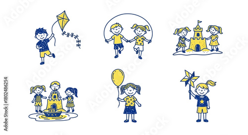 Whimsical blue and yellow kids' playtime doodle collection