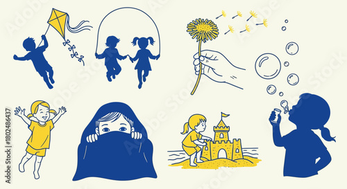 Playful childhood moments: silhouettes and playful activities in blue and yellow