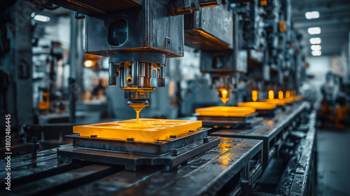 Plastic injection molding factory, molten plastic filling molds, detailed machinery, warm industrial lights, macro realism.