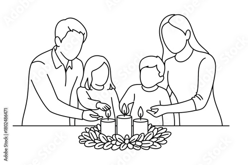 Family lights candles on an Advent wreath together during the holiday season.