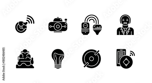 Tech and security icons set featuring gadgets, smart devices, and facial recognition