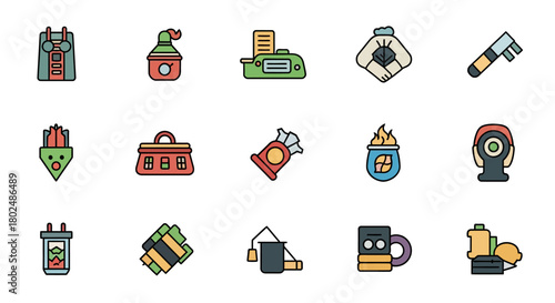 Colorful flat icons of fantasy and adventure tools and items