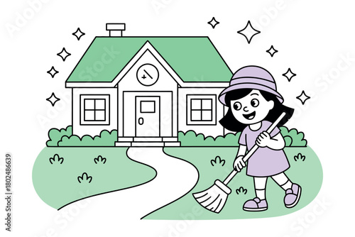 A young child sweeps the path in front of a sparkling clean house.