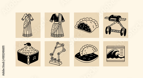 Traditional attire and iconic objects in modern monochrome art