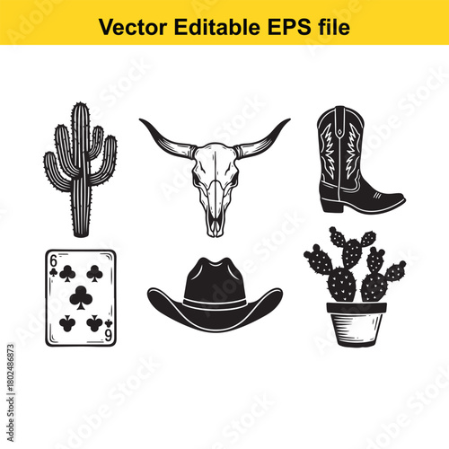 Collection of westernthemed icons including a cactus, bull skull, cowboy boot, playing card, cowboy hat, and potted cactus, isolated on