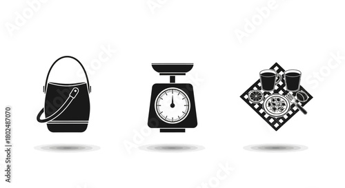 Silhouette designs: fashion handbag, kitchen scale, breakfast setup
