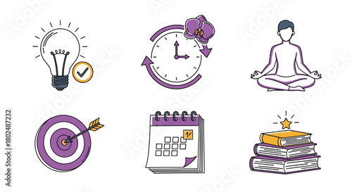 Productivity and mindfulness icons featuring meditation, time management, and goal setting