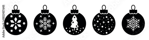 Black Christmas balls icon set with snowflakes, stars and tree designs. Festive minimalist holiday bauble for winter decorations, cards, prints and seasonal graphic projects