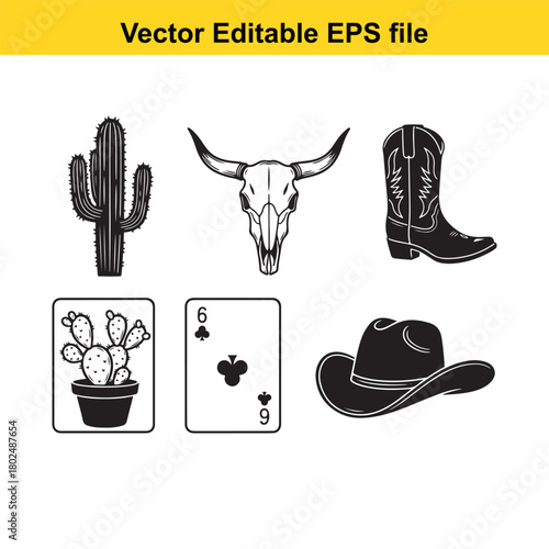 Collection of western icons including a cactus, bull skull, cowboy boot, playing card, and cowboy hat, isolated on