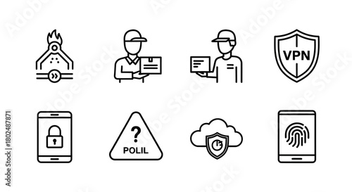 Minimal icons of vpn, delivery, security and technology concepts in black and white
