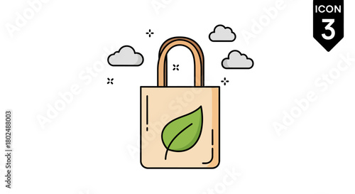 Eco-friendly bag with leaf design and clouds in minimalist style