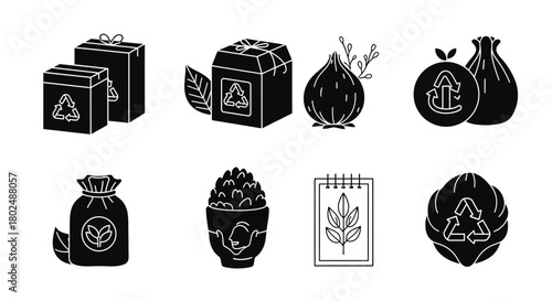 Eco-friendly packaging icons: black silhouette designs featuring recycle symbols and organic elements