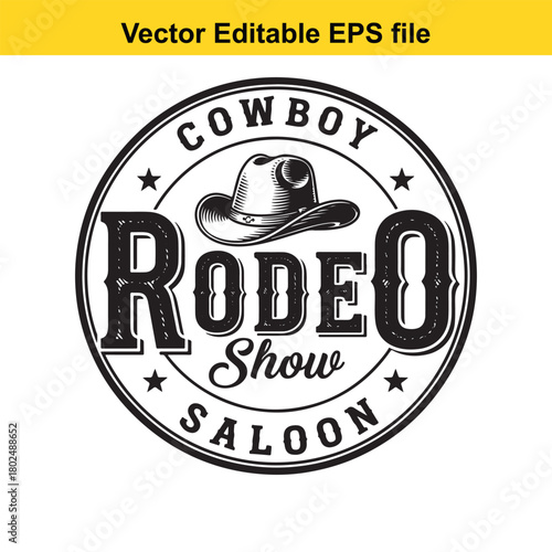 Circular emblem for a cowboy rodeo show saloon with a cowboy hat and stars, isolated on
