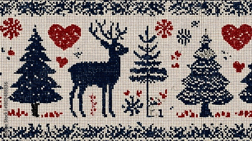 Cross-stitch Christmas Pattern with Deer, Trees, and Hearts in Navy and Red reindeer photo