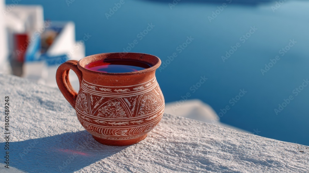 Obraz premium Enjoying Greek Terracotta Pottery With Wine on a Sunny Balcony Overlooking the Sea