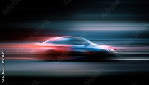 Blurry Image Capturing Car'S Dynamic Speed With Red And Blue Streaks, Possibly Racing Or High-Speed Driving